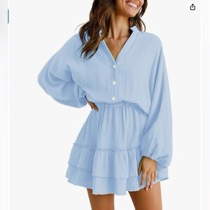 Women's Dress V Neck Long Lantern Sleeves Ruffle Tiered Solid Swing Mini Dress